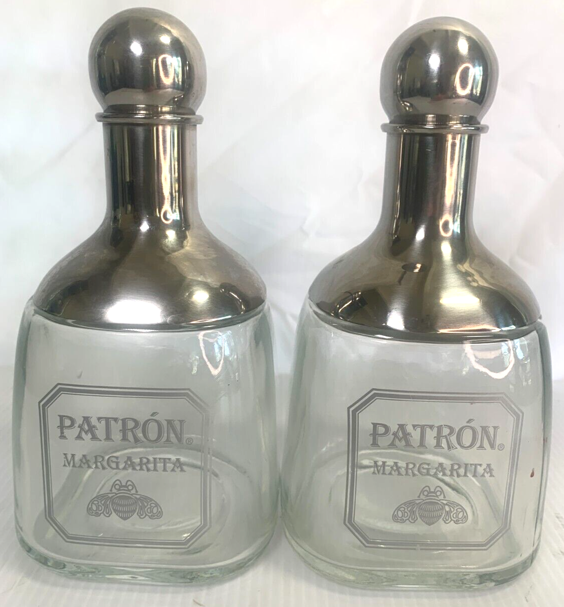 Set Of (2) Silver PATRON Margarita Shaker Glass Bottles 18oz Cocktail