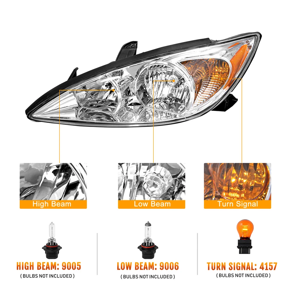 For 2002 2003 2004 Toyota Camry Chrome Amber Left+Right pair Headlights Assembly - Image 2 of 4