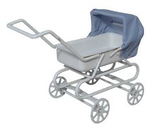 Dolls House White Pram With A Blue Hood 1:12 Scale Miniature Nursery 1844 tumdee