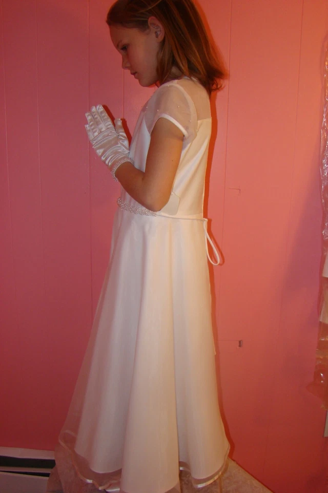 Vestido Primera Comunión US Angels Blanco Estilo #214 Cluster Perla Cintura Satén Top Foto 2 de 4