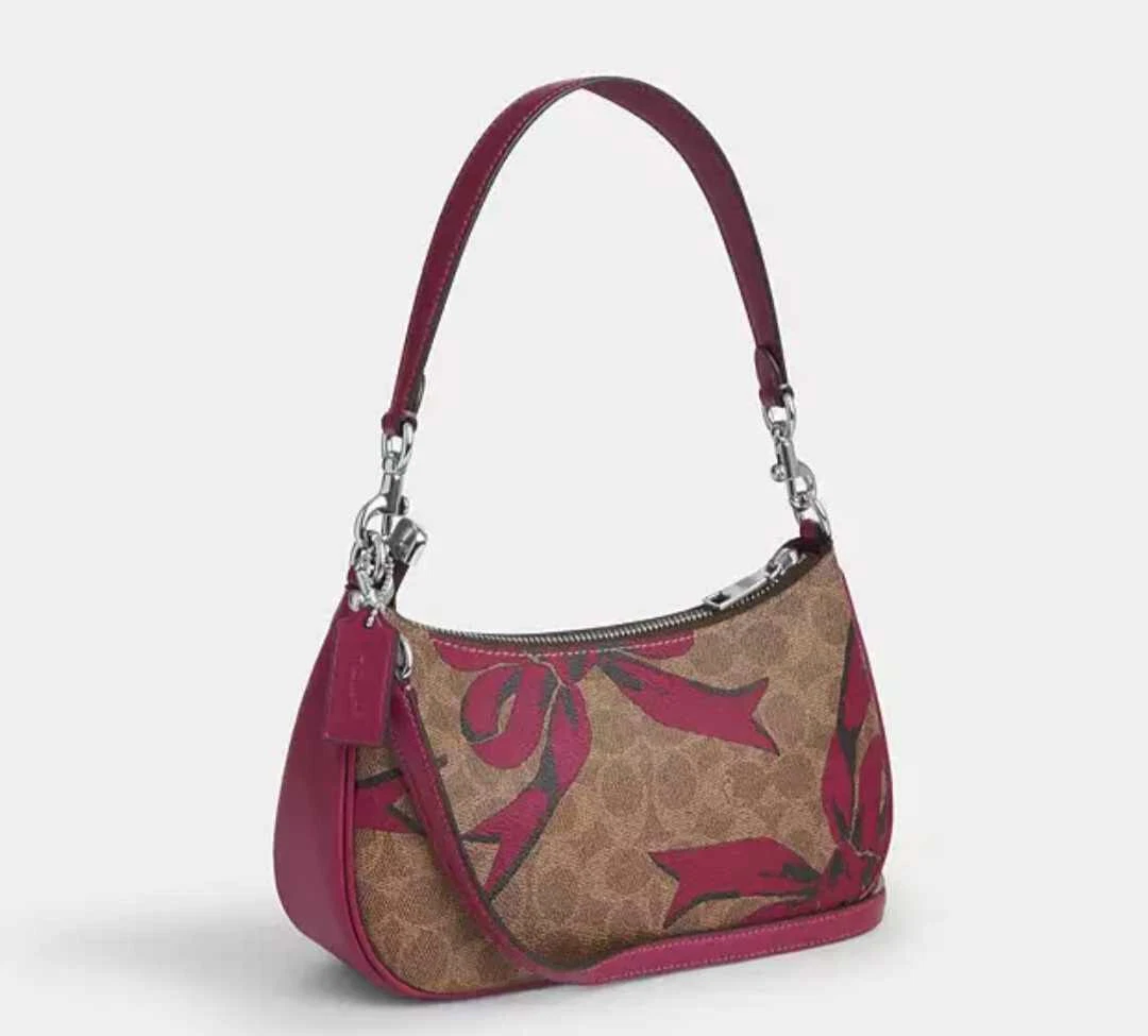Borsa a tracolla Coach CAA70 Teri firmata tela e pelle stampa fiocco marrone rosa multi