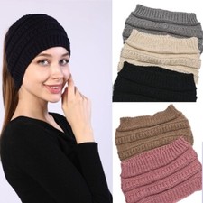 Ponytail Hat Headband Hairband Stretch Winter Cable Hole Knit Cap Beani