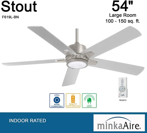 F619L-BN Stout 54" Ceiling Fan with LED Light and Remote Control in Brushed Nick - Picture 4 of 9