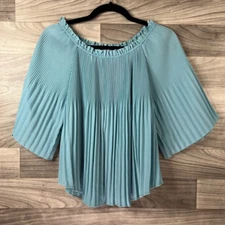 H By Halston Blouse Women XS Blue 3/4 Sleeve Scoop Neck Peasant Pleated Artsy