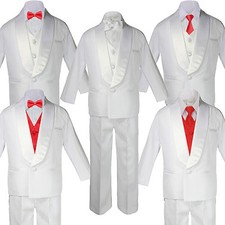 Baby Boy White Satin Shawl Lapel Tuxedo RED Christmas Satin Bow Necktie Vest Set