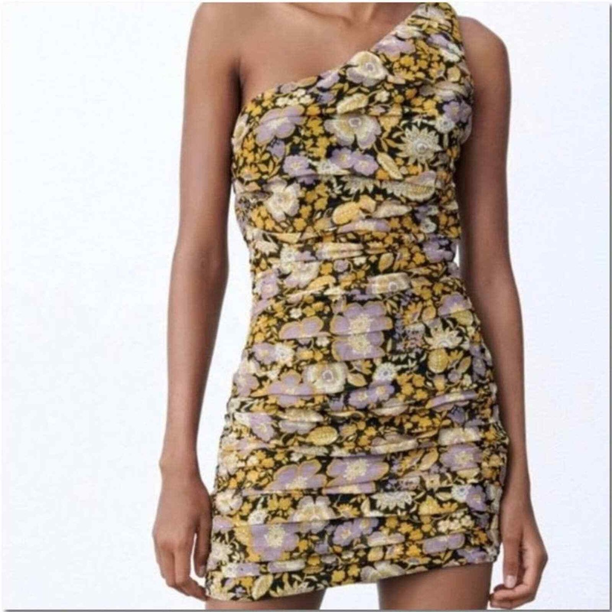 Zara Yellow Metallic Floral One Shoulder Dress Ruched Minidress