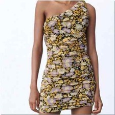 Zara Yellow Metallic Floral One Shoulder Dress Ruched Minidress Size XS NWT