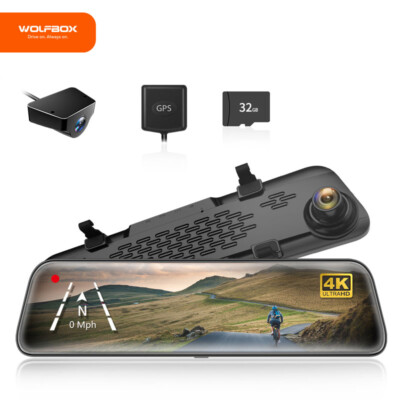 WOLFBOX 12'' 4K Mirror Car Camera WDR Backup Camera, Free SD & GPS Full HD