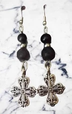Black Agate, Lava Rock & Acrylic Beaded Aromatherapy Silver Cross Earrings