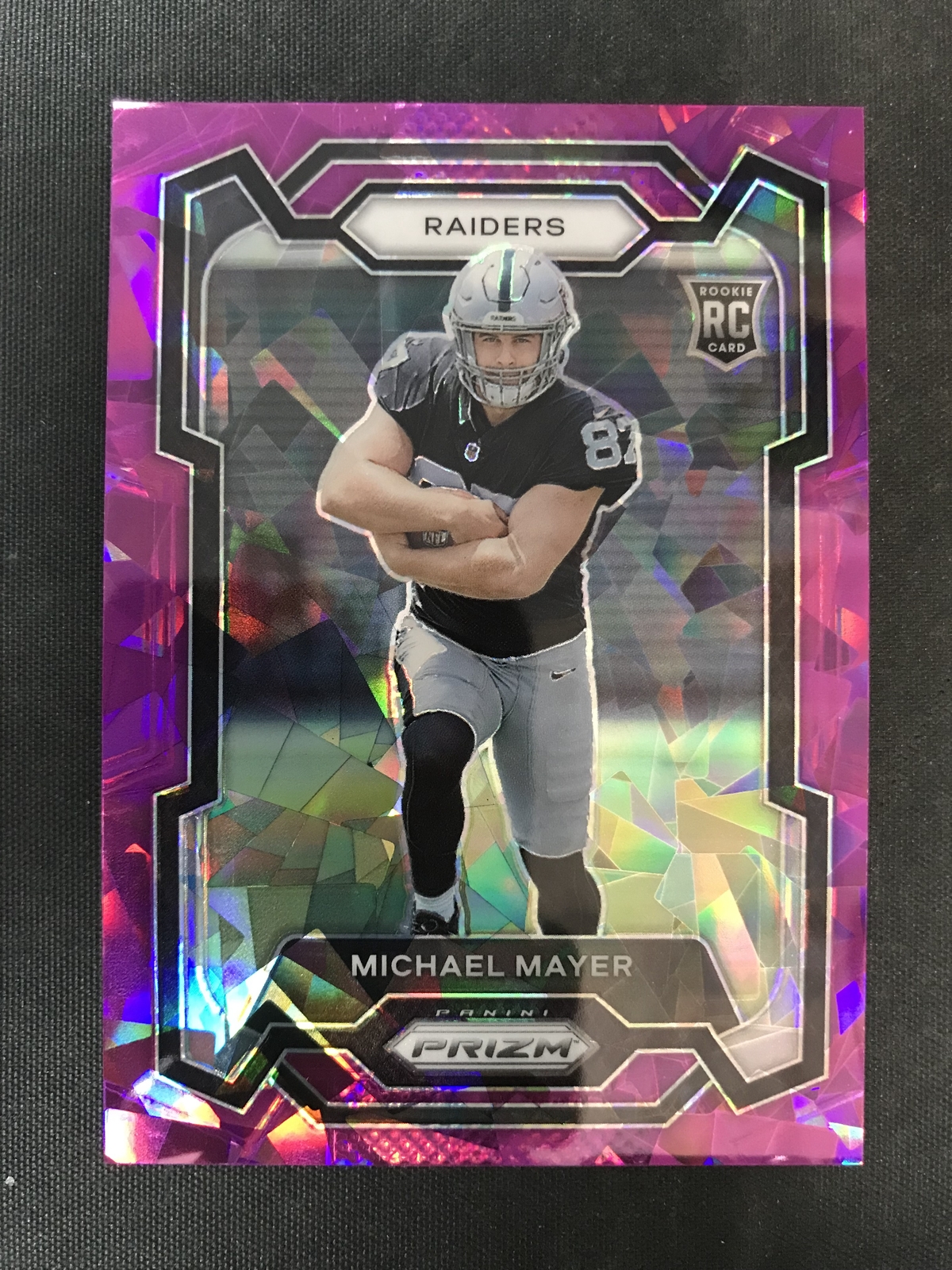 2023 Prizm #361 Michael Mayer Las Vegas Raiders Purple Cracked Ice /225 RC