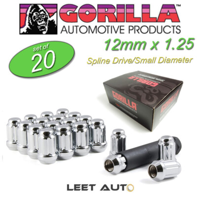 (20) Gorilla Small Diameter Lug Nuts, 12mm x 1.25, Chrome, Spline, K5CS-12125GR