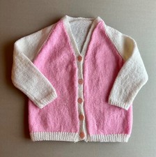 Handknitted Cardigan Toddler Girl White Pink Flower Button Acrylic Lurex Vintage
