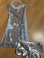 Tag1080 Jazz Silver Sequin Belted Dress Top Child  Large Booty shorts Recital