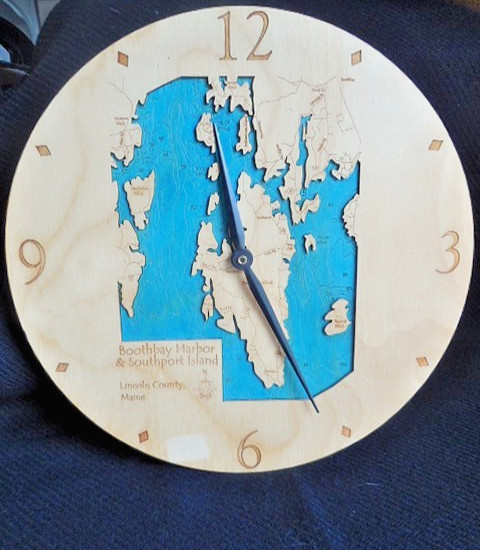 Wooden Nautical Clock Boothbay Harbor , Maine - Laser Cut 3D Coastal Round