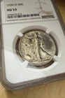 1939-D NGC AU53 Certified Walking Liberty 50C lower vintage than the 1940s Phila