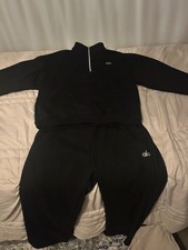 ALO Black Tracksuit Set Sweatshirt  Pants Mock Neck 1/4 Zip Elastic Waist