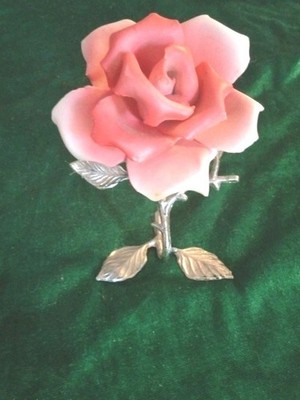 Vintage Capodimonte Porcelain Pink Rose On Metal Stem 4  Napoleon