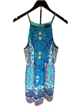 As U Wish Blue Green Geometric Mini Dress Sleeveless Fit & Flare High Neck Women