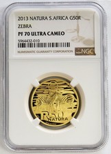 2013 GOLD SOUTH AFRICA 684 MINTED 50 RAND ZEBRA 1/2 oz NATURA PROOF NGC PF 70 UC 5800.00 per troy oz