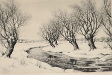 Woodstock New York Artist Ronau Woiceske Signed Etching. Winter Willows C1940