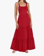 Anrabess Womens Red Med Boho Sleeveless Tiered Maxi Smocked Dress Pockets Flowy