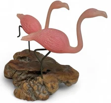 John Perry Pellucide Burl Wood Live Edge 2 Pink Flamingo Sculpture Handmade 1986