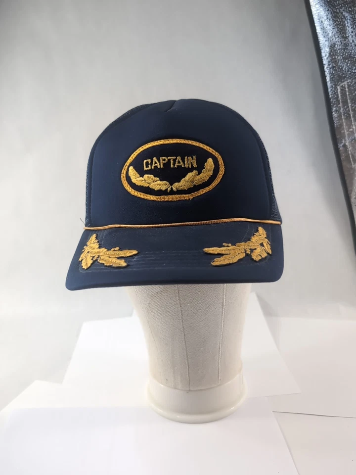 RARE! VTG  Adult, 1980's Captain Gold Leaf Cord Hat Trucker Mesh Back Blue - Image 2 of 4