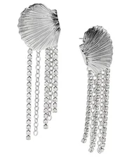 I.n.c. Rhodium-Plated Shell & Rhinestone Fringe Statement Earrings 3.5"  NWT $39