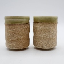 2 Mino Ware Japanese Pottery Yunomi Tea Cups Japan Jade Green & Sand Glaze