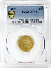 1874 $3 PRINCESS! PCGS XF40! GORGEOUS EXAMPLE! MUST OWN GOLD PIECE! NR #V.I.P01