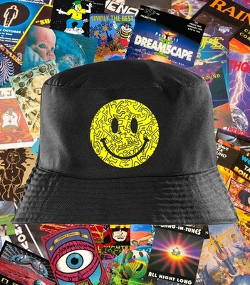SMILEY RAVE BUCKET HAT ACID HOUSE 90s RETRO FESTIVAL HUT KEITH HARING INSPIRIERT