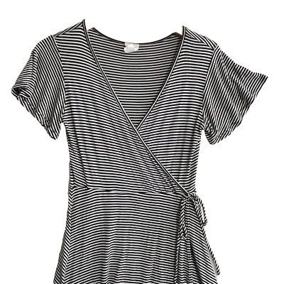 Caution To The Wind Wrap Style Dress Women M Rayon B/W Stripe Skirt Rounded Hem