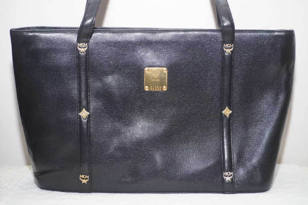 MCM Vintage Leather Signature Gold Studs Tote BAG IN BLACK