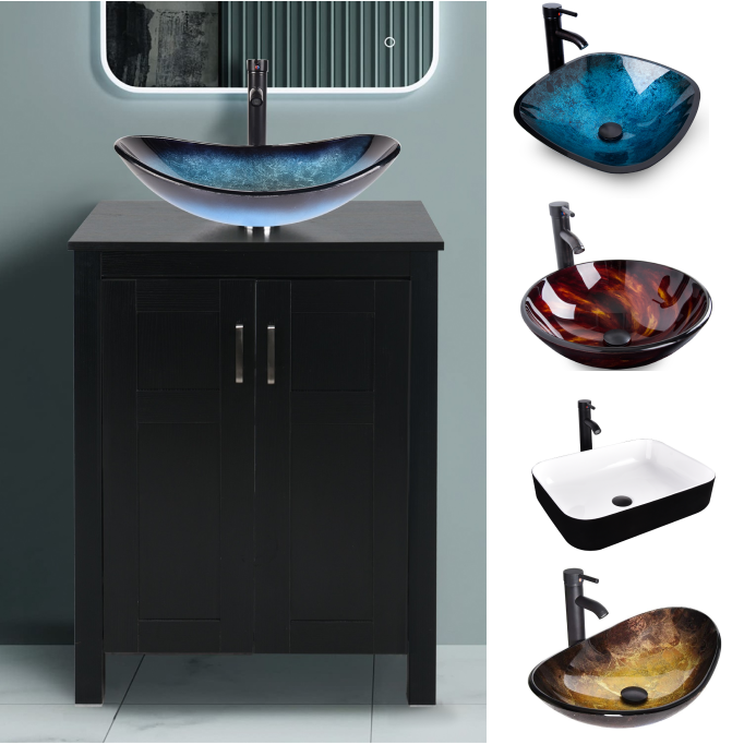 24'' Bathroom Vanity Set Cabinet Freestanding With Vessel Sink Bowl Faucet Combo - Picture 1 of 60