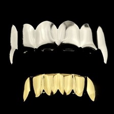 Vampire Grillz Set Silver Tone Dracula Top Fangs Gold Plated Bottom Six Teeth
