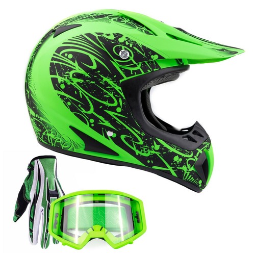 Casque de motocross adulte vert mat gants combinés lunettes tout-terrain saleté vélo VTT - Photo 1 sur 12