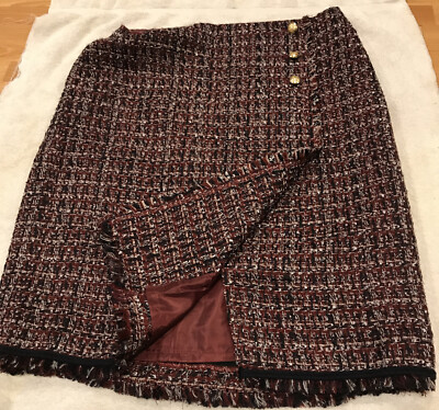 TALBOTS TEXTURED PENCIL SKIRT FRINGE BURGUNDY BLACK GRAY SIZE 10 NWT