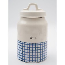 Rae Dunn Sweets Ceramic Jar with Lid, Blue Grid Pattern Canister 8.25" H