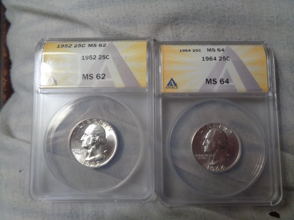 quarters graded by anacs, 1952 ms 62, 1964 ms 64. - Image 2 of 4