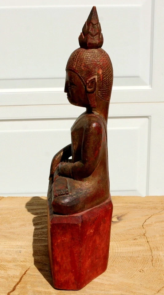 Rare 19c Burmese Shan Buddha Statue Gold Gilt wood red base 11 1/2" X 5" X 3"  - Image 4 of 4