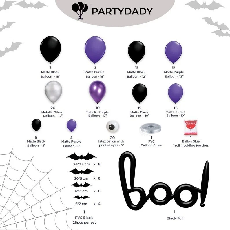 Kit Arco Globos Halloween - 128 Piezas Decoración Arco Globo Espeluznante, Púrpura, Plateado Foto 3 de 4