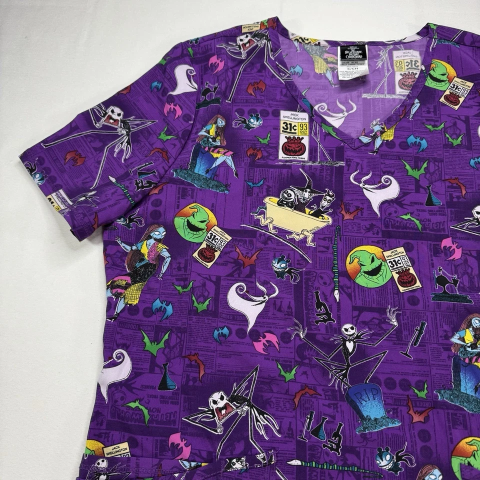 Disney The Nightmare Before Christmas Pocketed Scrub Top VNeck Purple Size S NEW - Image 2 of 4