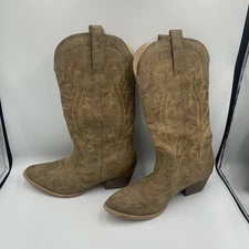 Rollda Women New Tan Western Cowboy Boots Embroidery Pull-On Dress Boots Sz 11