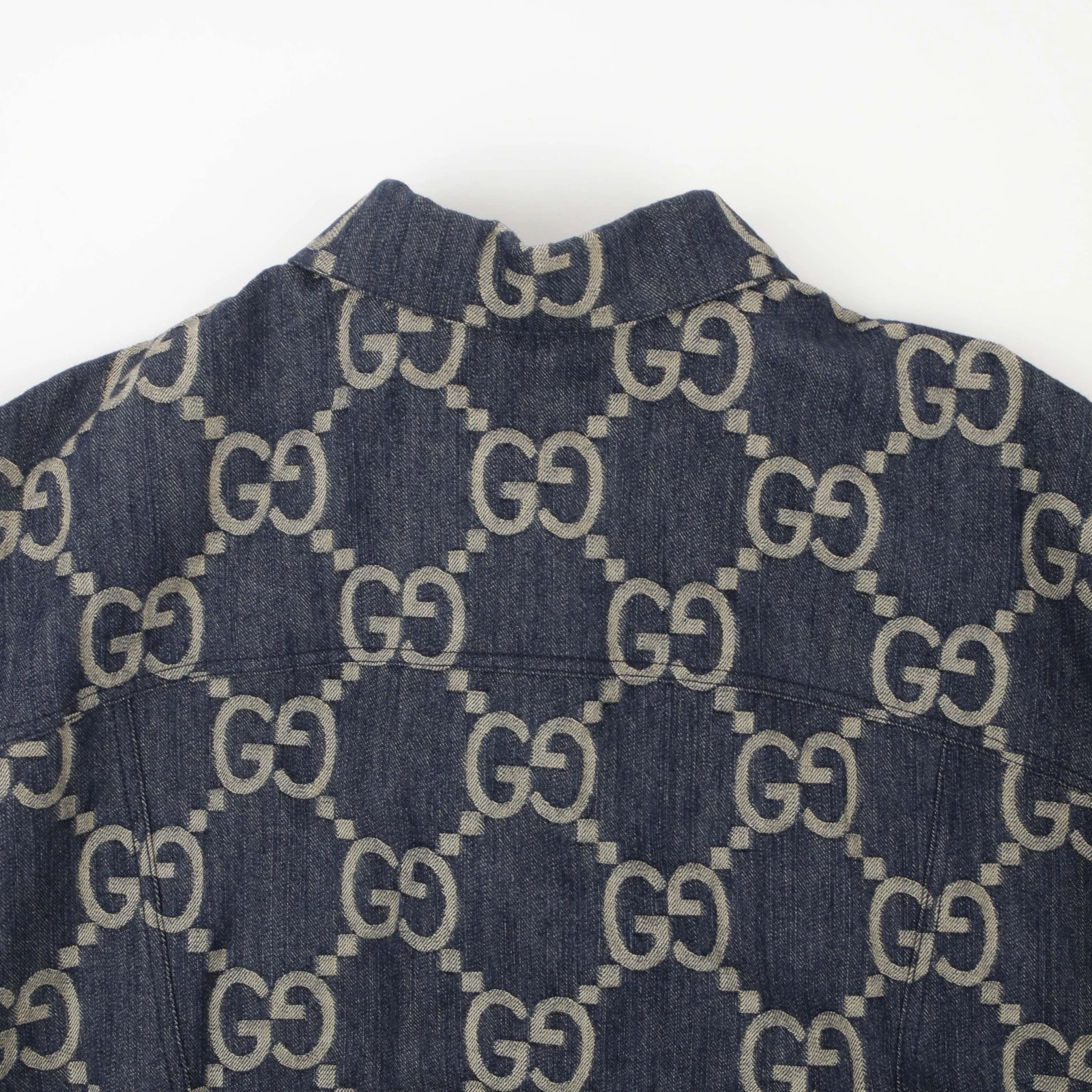 Gilet Gucci blu avorio Jumbo GG jacquard denim ananas 674339 49280772