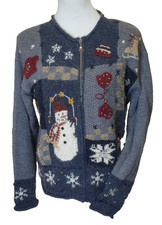 Womens Croft Barrow Winter Knit Sweater M Embroidered Full Zip Christmas Snow