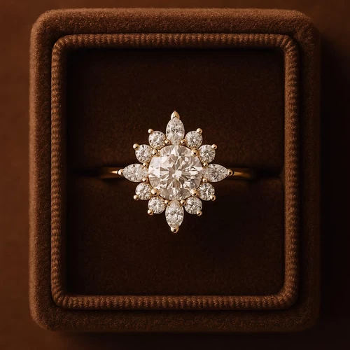 14K Gold Plated Moissanite Halo Sunflower Cluster Marquise Women Ring 925 Silver