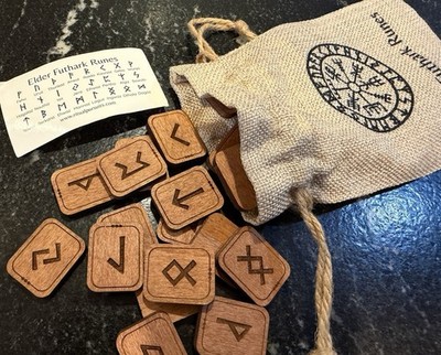Wooden Elder Futhark Runes Set Of 25 With Printed Bag