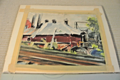 vtg Watercolor Old Harbor Dock Boat House Turbines on roof Bridge signed CAPPI