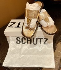 BNWT SCHUTZ SALMA METALLIC LEATHER FLAT SANDAL-USA MADE, GOLD, 6.5M