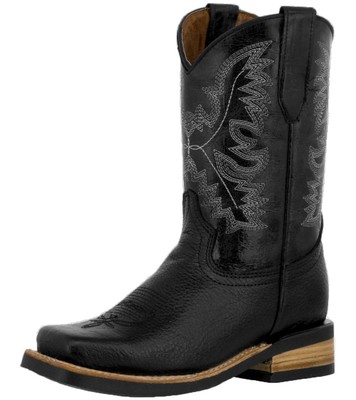 Kids Western Cowboy Boot Plain Square Toe Black Grain Leather Bota Rancho Size 9
